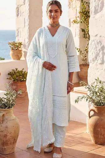 Women Ethnic Motifs Embroidered Regular Thread Work Pure Cotton Kurta with Trousers & With Dupatta
