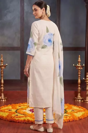 Women Floral Printed Regular Thread Work Linen Kurta with Trousers & With Dupatta