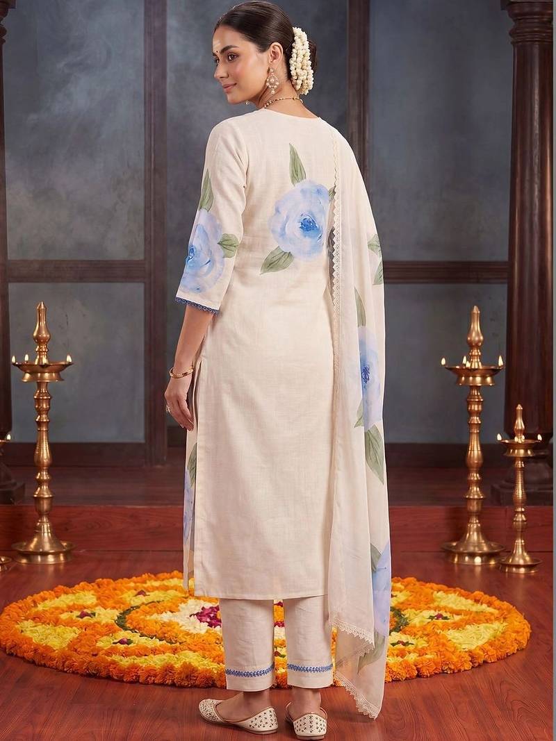 Women Floral Printed Regular Thread Work Linen Kurta with Trousers & With Dupatta