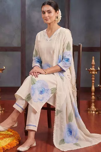 Women Floral Printed Regular Thread Work Linen Kurta with Trousers & With Dupatta