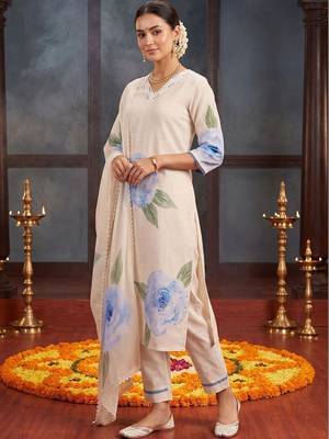 Women Floral Printed Regular Thread Work Linen Kurta with Trousers & With Dupatta 5