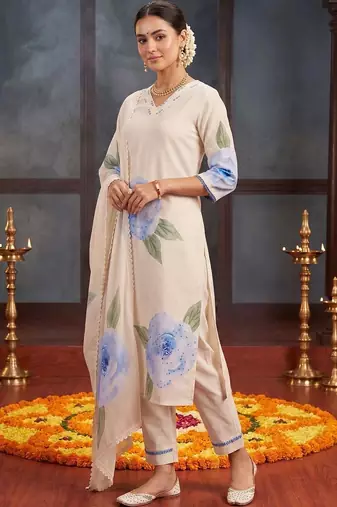 Women Floral Printed Regular Thread Work Linen Kurta with Trousers & With Dupatta