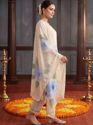 Women Floral Printed Regular Thread Work Linen Kurta with Trousers & With Dupatta 6
