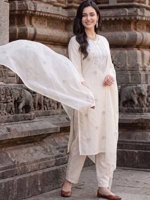 Women Ethnic Motifs Embroidered Regular Thread Work Pure Cotton Kurta with Trousers & With Dupatta 1