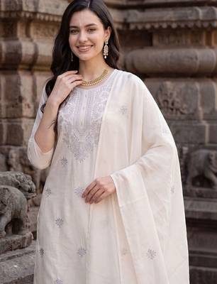 Women Ethnic Motifs Embroidered Regular Thread Work Pure Cotton Kurta with Trousers & With Dupatta 2
