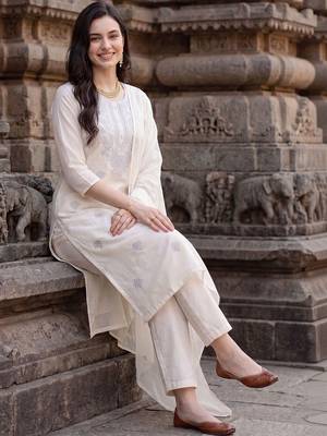 Women Ethnic Motifs Embroidered Regular Thread Work Pure Cotton Kurta with Trousers & With Dupatta 4