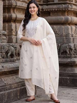 Women Ethnic Motifs Embroidered Regular Thread Work Pure Cotton Kurta with Trousers & With Dupatta 5