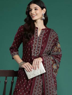 Ethnic Motifs Printed Straight Pure Cotton Kurta With Patiala & Dupatta 1
