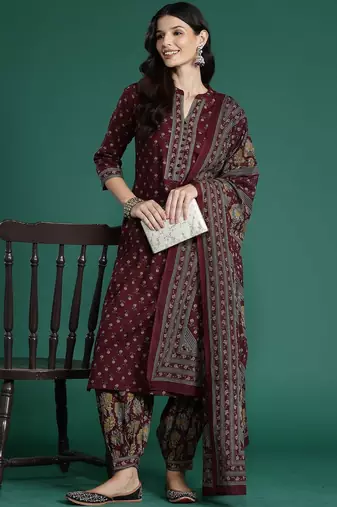 Ethnic Motifs Printed Straight Pure Cotton Kurta With Patiala & Dupatta