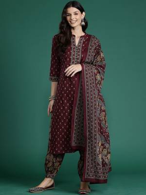Ethnic Motifs Printed Straight Pure Cotton Kurta With Patiala & Dupatta 4