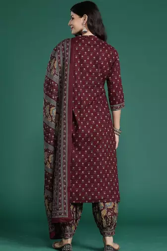 Ethnic Motifs Printed Straight Pure Cotton Kurta With Patiala & Dupatta