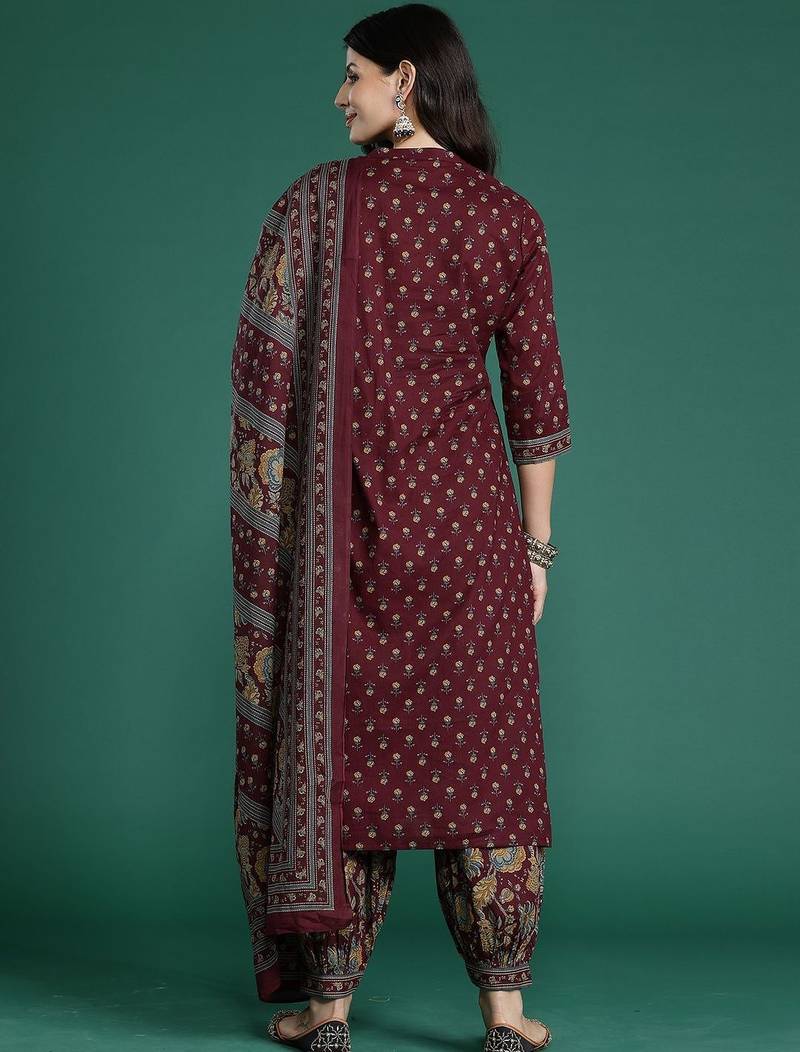 Ethnic Motifs Printed Straight Pure Cotton Kurta With Patiala & Dupatta