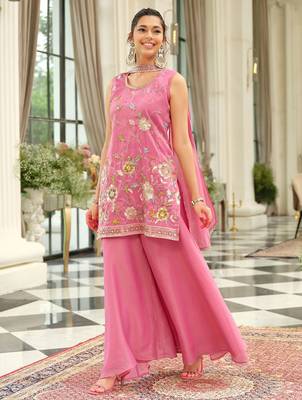 Floral Embroidered Thread Work Kurta With Palazzos & Dupatta 3