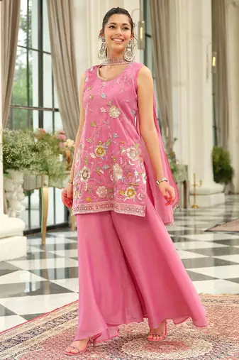 Floral Embroidered Thread Work Kurta With Palazzos & Dupatta