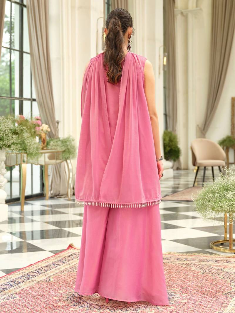 Floral Embroidered Thread Work Kurta With Palazzos & Dupatta