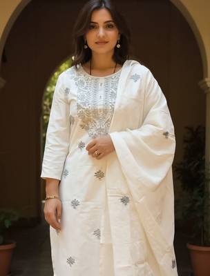 Women Floral Embroidered Round Neck Cotton Kurta with Trousers & Dupatta 1