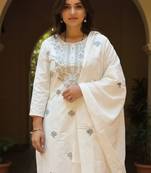 Women Floral Embroidered Round Neck Cotton Kurta with Trousers & Dupatta