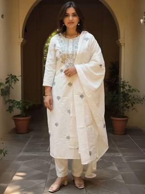 Women Floral Embroidered Round Neck Cotton Kurta with Trousers & Dupatta 2