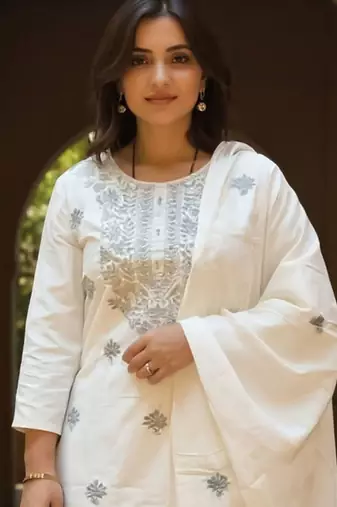 Women Floral Embroidered Round Neck Cotton Kurta with Trousers & Dupatta