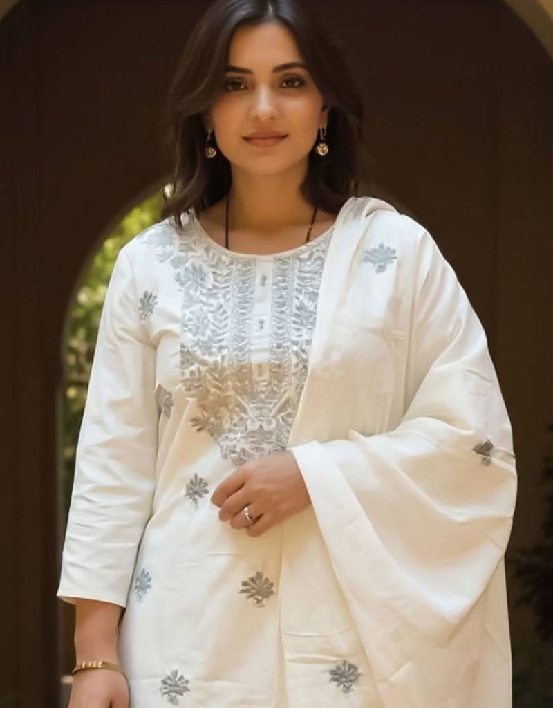Women Floral Embroidered Round Neck Cotton Kurta with Trousers & Dupatta