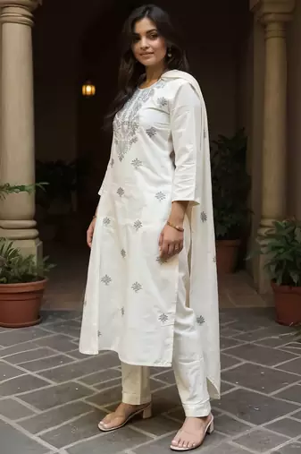 Women Floral Embroidered Round Neck Cotton Kurta with Trousers & Dupatta