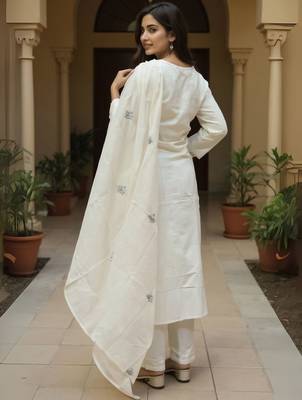 Women Floral Embroidered Round Neck Cotton Kurta with Trousers & Dupatta 5