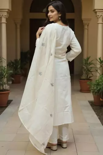 Women Floral Embroidered Round Neck Cotton Kurta with Trousers & Dupatta