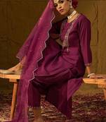 Ethnic Motifs Embroidered Sequinned Liva Straight Kurta With Trousers & Dupatta