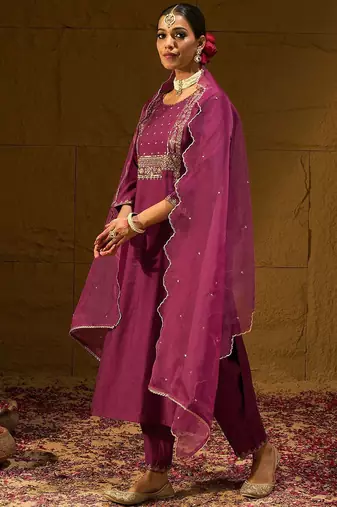 Ethnic Motifs Embroidered Sequinned Liva Straight Kurta With Trousers & Dupatta