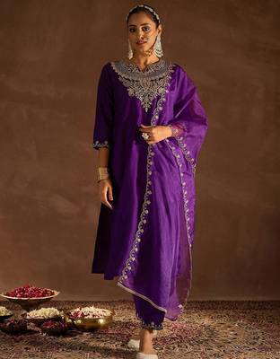 Purple Ethnic Motifs Zari Embroidered Kurta with Trousers & With Dupatta 1