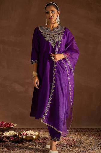Purple Ethnic Motifs Zari Embroidered Kurta with Trousers & With Dupatta