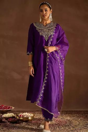 Purple Ethnic Motifs Zari Embroidered Kurta with Trousers & With Dupatta