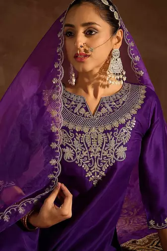 Purple Ethnic Motifs Zari Embroidered Kurta with Trousers & With Dupatta