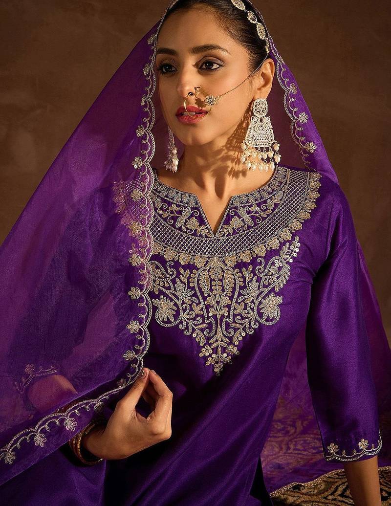Purple Ethnic Motifs Zari Embroidered Kurta with Trousers & With Dupatta