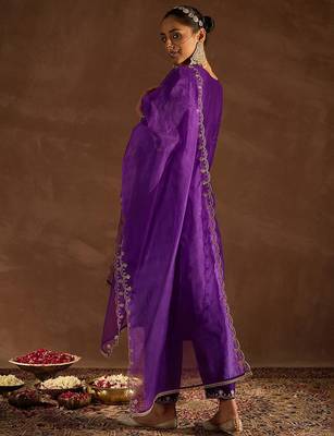 Purple Ethnic Motifs Zari Embroidered Kurta with Trousers & With Dupatta 5