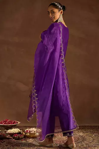 Purple Ethnic Motifs Zari Embroidered Kurta with Trousers & With Dupatta
