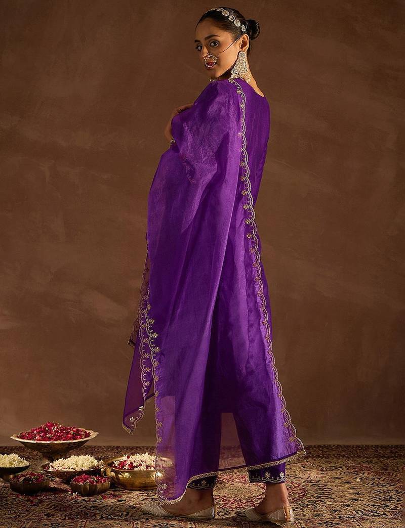 Purple Ethnic Motifs Zari Embroidered Kurta with Trousers & With Dupatta