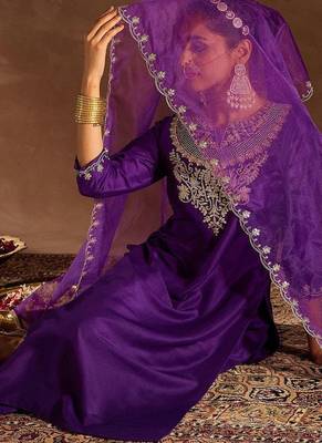 Purple Ethnic Motifs Zari Embroidered Kurta with Trousers & With Dupatta 6