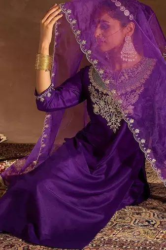 Purple Ethnic Motifs Zari Embroidered Kurta with Trousers & With Dupatta