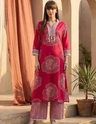 Women Floral Printed Regular Gotta Patti Pure Cotton Kurta with Trousers 5