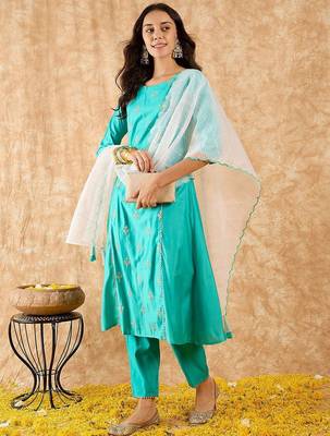 Ethnic Motifs Embroidered A-Line Sequinned Liva Kurta with Trousers & Dupatta 1