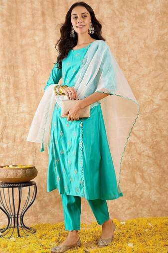 Ethnic Motifs Embroidered A-Line Sequinned Liva Kurta with Trousers & Dupatta