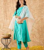 Ethnic Motifs Embroidered A-Line Sequinned Liva Kurta with Trousers & Dupatta