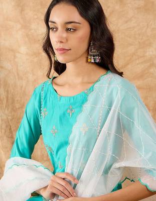 Ethnic Motifs Embroidered A-Line Sequinned Liva Kurta with Trousers & Dupatta 2