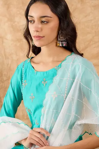 Ethnic Motifs Embroidered A-Line Sequinned Liva Kurta with Trousers & Dupatta
