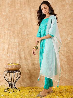 Ethnic Motifs Embroidered A-Line Sequinned Liva Kurta with Trousers & Dupatta 5