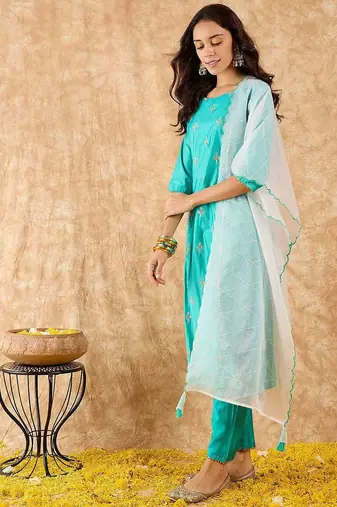 Ethnic Motifs Embroidered A-Line Sequinned Liva Kurta with Trousers & Dupatta