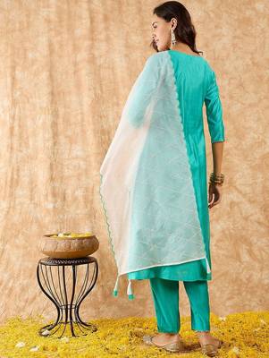 Ethnic Motifs Embroidered A-Line Sequinned Liva Kurta with Trousers & Dupatta 6