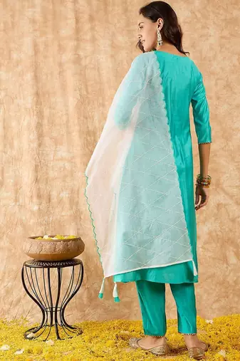 Ethnic Motifs Embroidered A-Line Sequinned Liva Kurta with Trousers & Dupatta