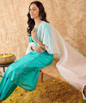 Ethnic Motifs Embroidered A-Line Sequinned Liva Kurta with Trousers & Dupatta 7